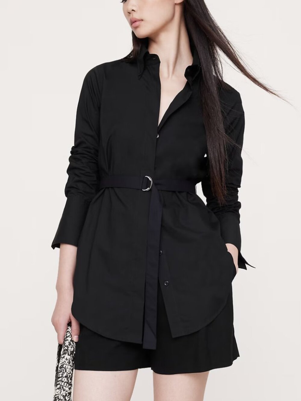 NWT Banana Republic Black Cotton Poplin Belted Button-Down Tunic Shirt XS